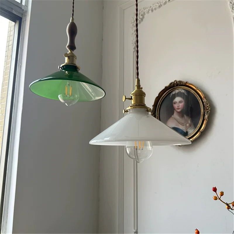 White Green Glass LED Pendant Lights Fixtures Copper Socket Wood Bedroom Living Room Stair Nordic Edison Handing Lamp