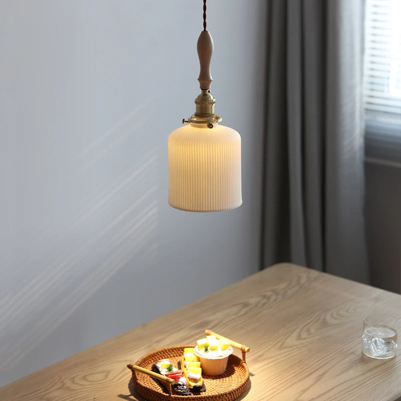 Japanese Style Copper LED Pendant Light Fixtures Ceramic Lampshade Wood Hangle Home Decor Simple Modern Hanging Lamp