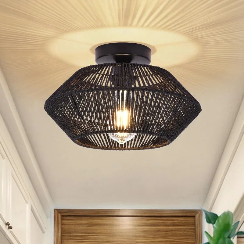 Woven Rattan Ceiling Light Fixtures Boho Semi Flush Mount Ceiling Light Hand-Woven Cage Natural Mini Chandelier Retro Light Fixt