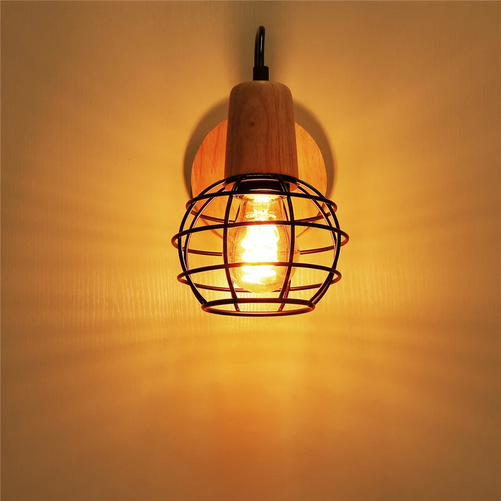 Industrial Rotatable Head  Wall Lamp Wood Base Iron Cage Vintage e27 Wall Light Fixture for Bedroom Stair Aisle Corridor Sconce