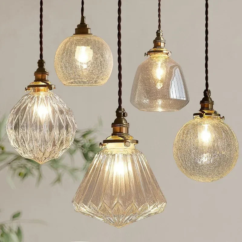 Nordic Vintage Glass LED Pendant Light Minimalist Creative Retro E27 Chandelier Transparent Lampshade for Restaurant Bar