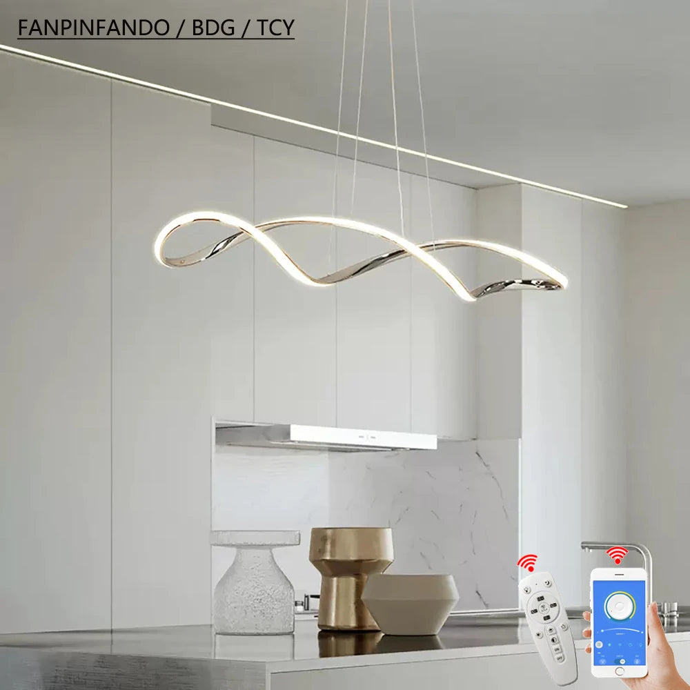 modern pendant light for dining room,Dimmable kitchen island Chandelier,Gold/Chrome/Black pendant ceiling light,L92cm W/remote