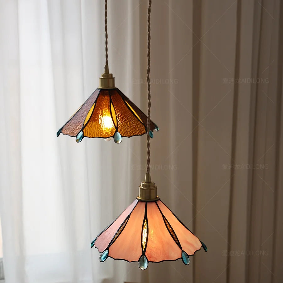 Vintage Copper Glass LED Pendant Lights Fixtures Handmade Beside Restaurant Bedroom American Country Nordic Hanging Lamp