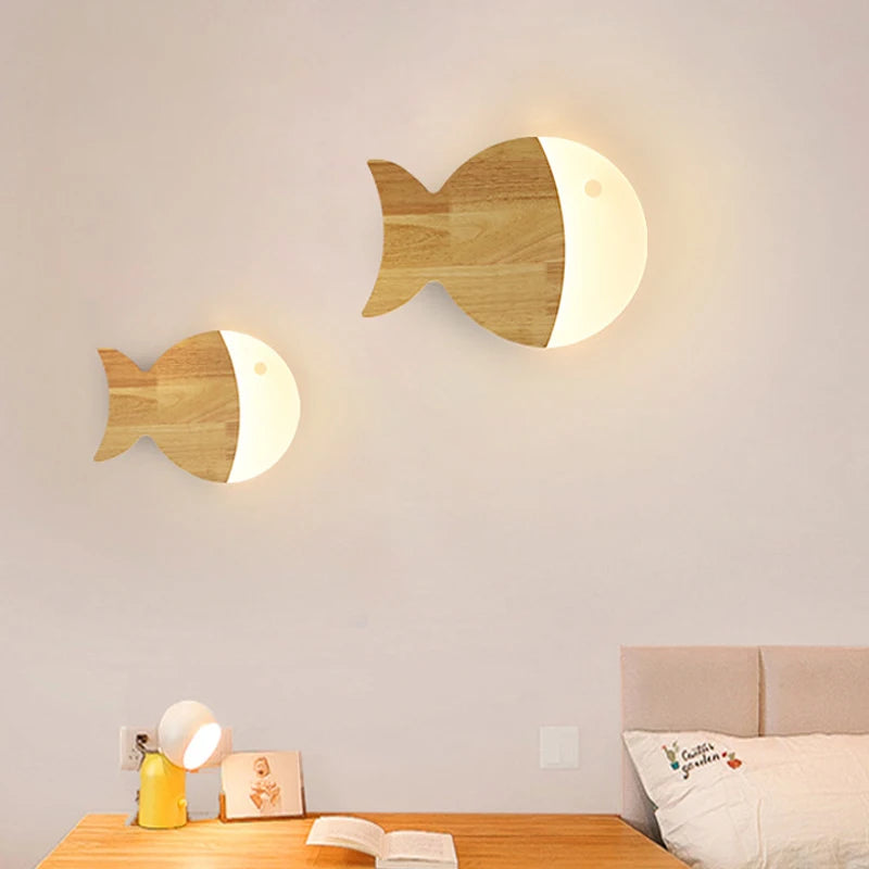 Creative Fish Wall Lights Sconce for Boy Girl Child Room Bedroom Kids Lamp Nordic Modern Led Home Decor Wood Lighting Fixture