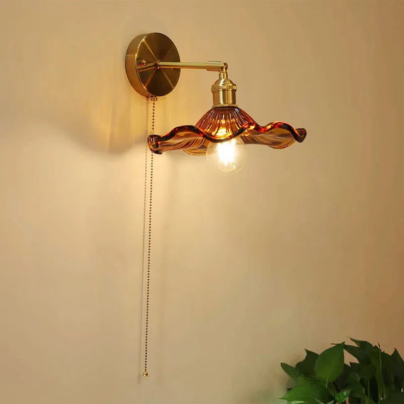 Green Glass Copper LED Wall Lamp Sconce Pull Chain Bedside Bedroom Bathroom Mirror Stair Light Nordic Modern Wandlamp