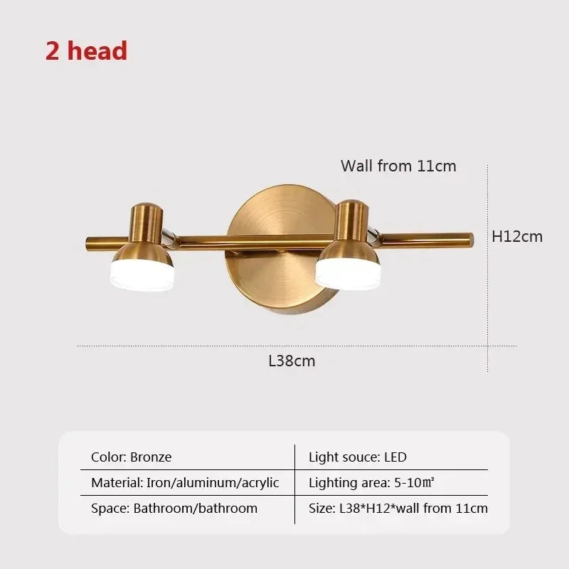 Modern LED Mirror Front Light 2/3 Heads Copper Native Color Rotatable Bathroom Lamp Bedroom Vanity Indoor Lighting Led Lustre