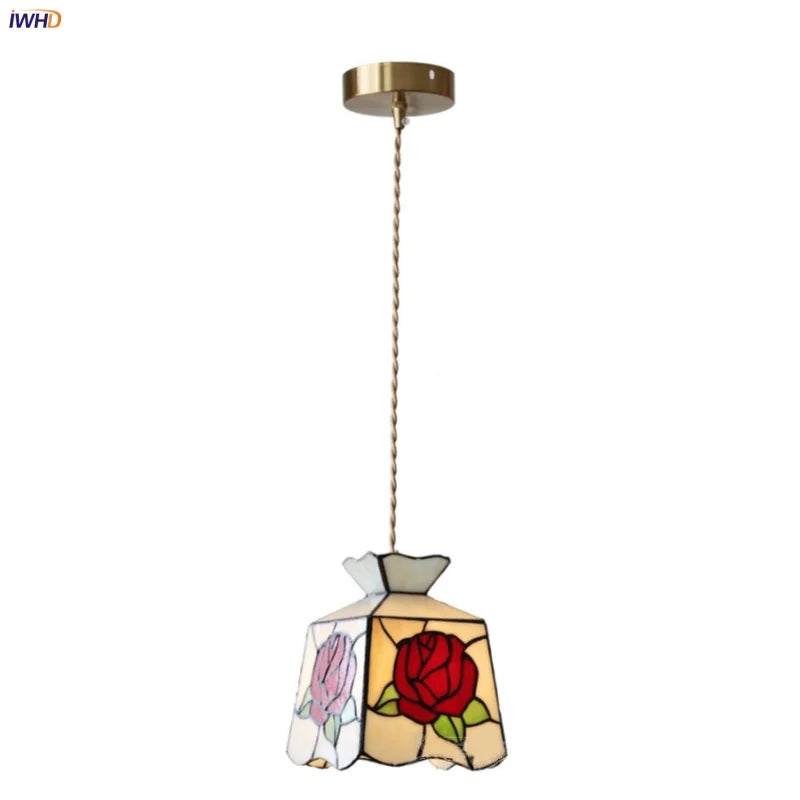 Rose Flower Glass LED Pendant Lamp Restaurant Kitchen Bedside Vintage Loft Style Brass E27 Adjustable Hanging Light Fixture