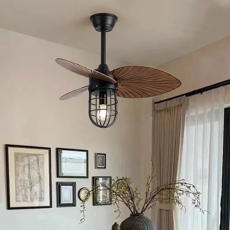 American Industrial Leaf Fan Light, Ceiling Fan for Living Room, Bedroom, Balcony, Frequency Conversion, Small Size