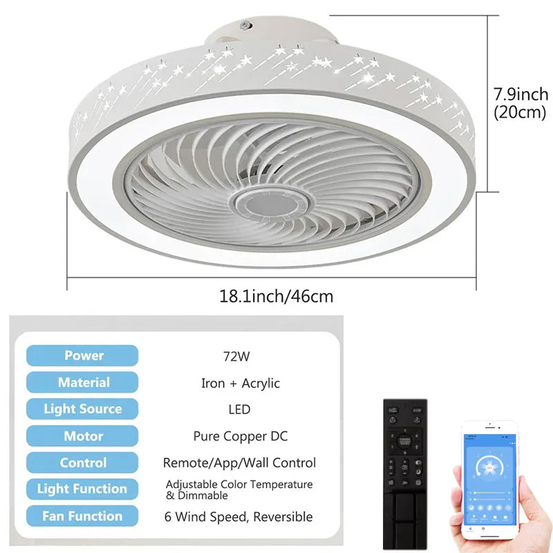 2 in 1 Modern Smart Ceiling Fan with Light Remote Control LED Dimmable 6 Speeds Timer Flush Mount Enclose Ceiling Fans Lamp 72W