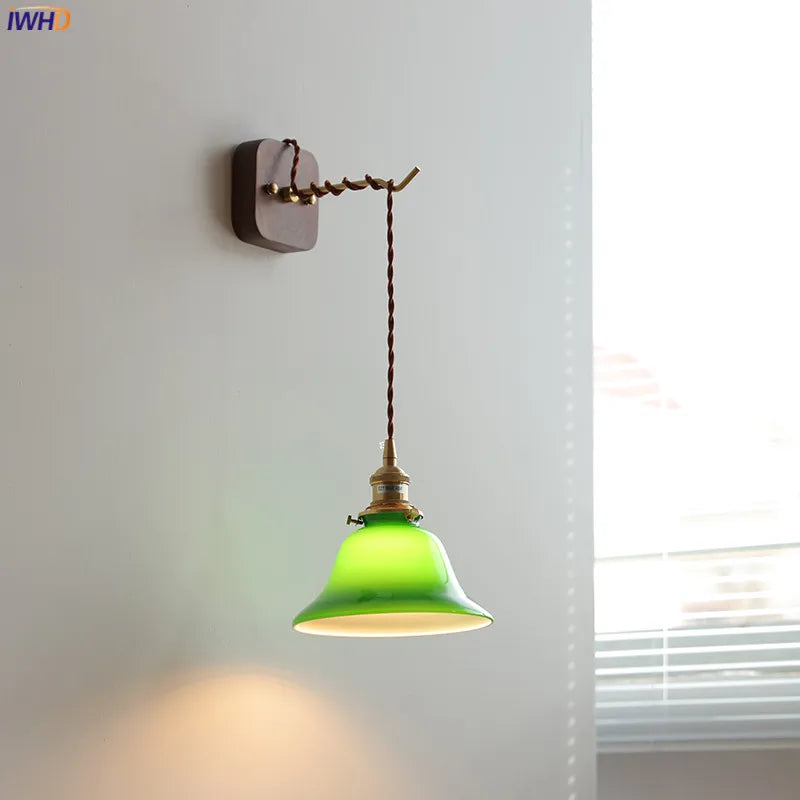 Walnut Canopy Green Glass LED Wall Light Fixtures Hardwire Pull Chain Swith Plug In Copper Home Indoor Beside Lamp Wandlamp