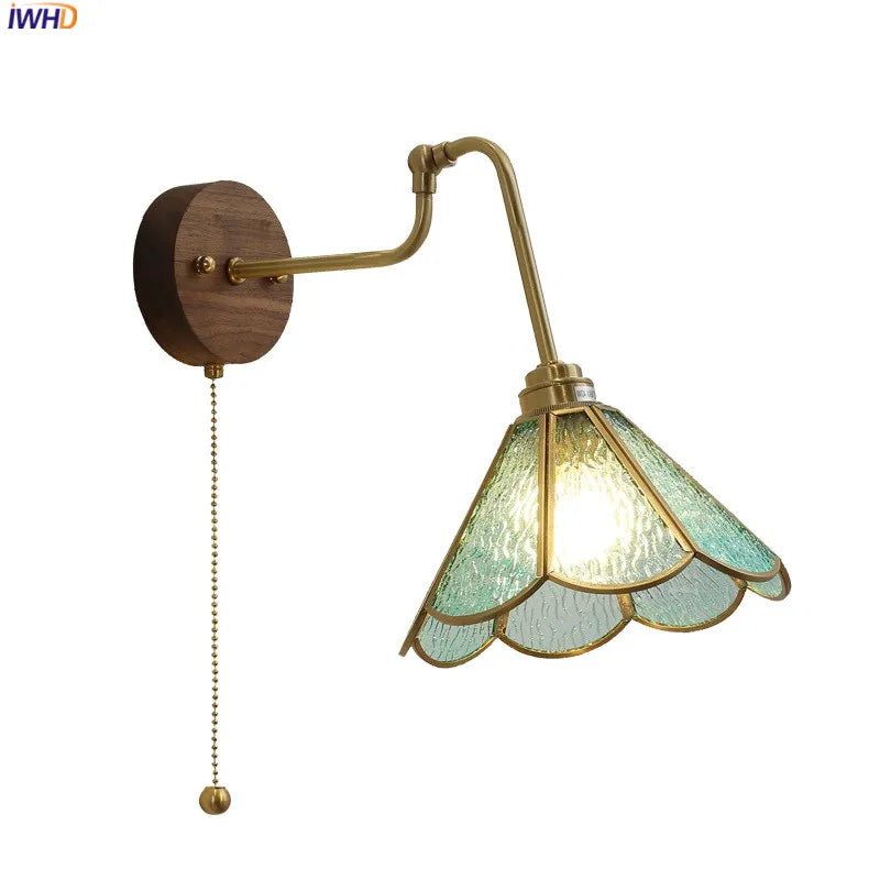 Green Glass Copper LED Wall Lamp Sconce Pull Chain Switch Walnut Wood Base Bedroom Dinning Living Room Light Wandlamp