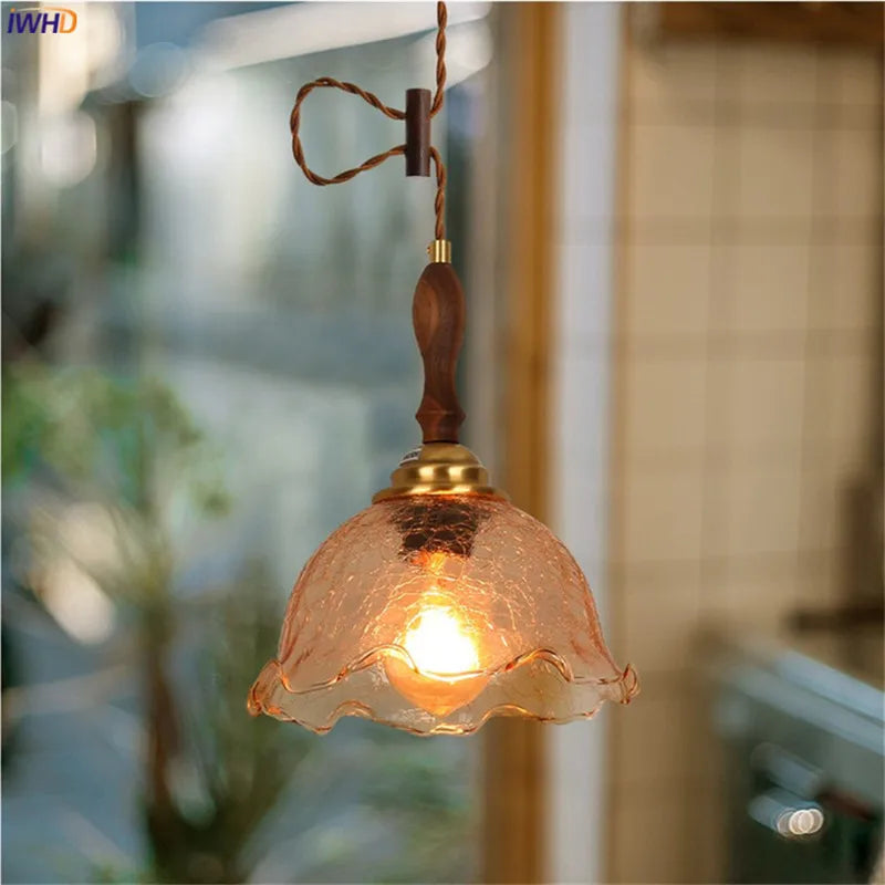 Vintage Cracked Glass Hanglamp Copper Wooden Hanging Lamp Home Indoor Lighting Bedroom Living Room Modern Pendant Light LED