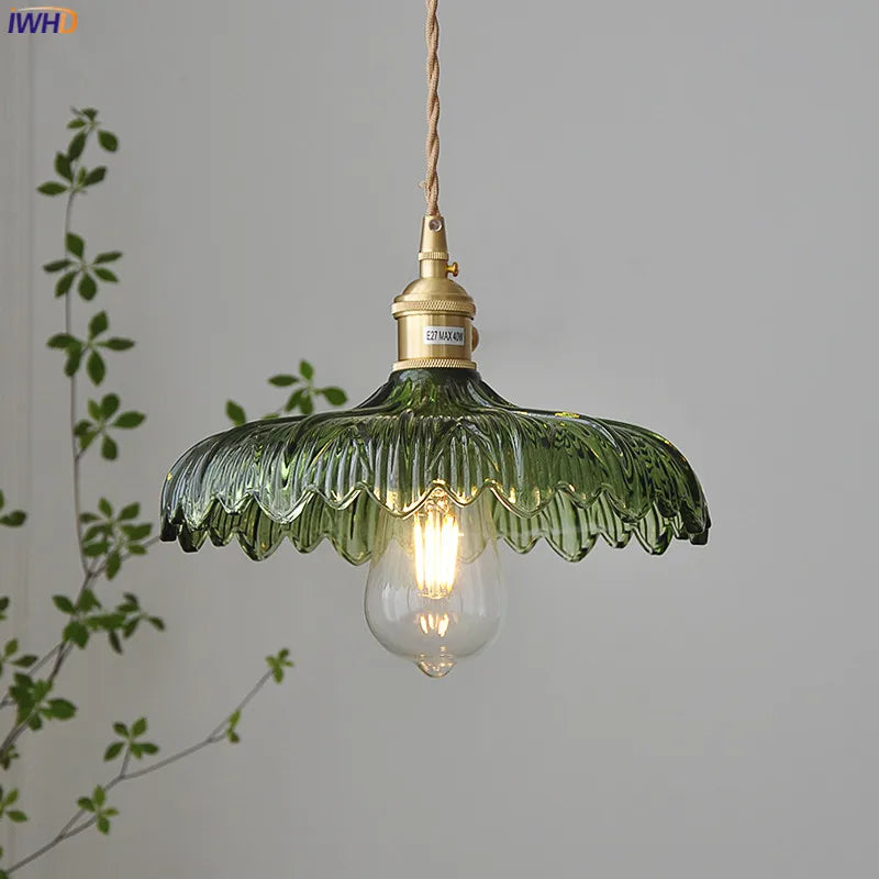 Nordic Vintage Green Glass LED Pendant Light Fixtures Copper Socket Dinning Room Bedroom Restaurant Modern Hanging Lamp