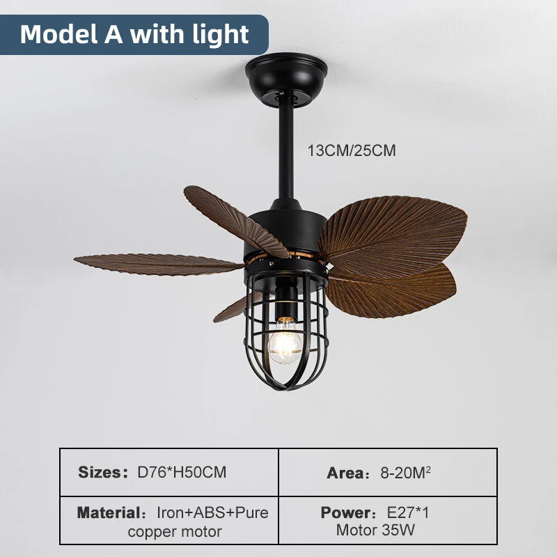 American Industrial Leaf Fan Light, Ceiling Fan for Living Room, Bedroom, Balcony, Frequency Conversion, Small Size