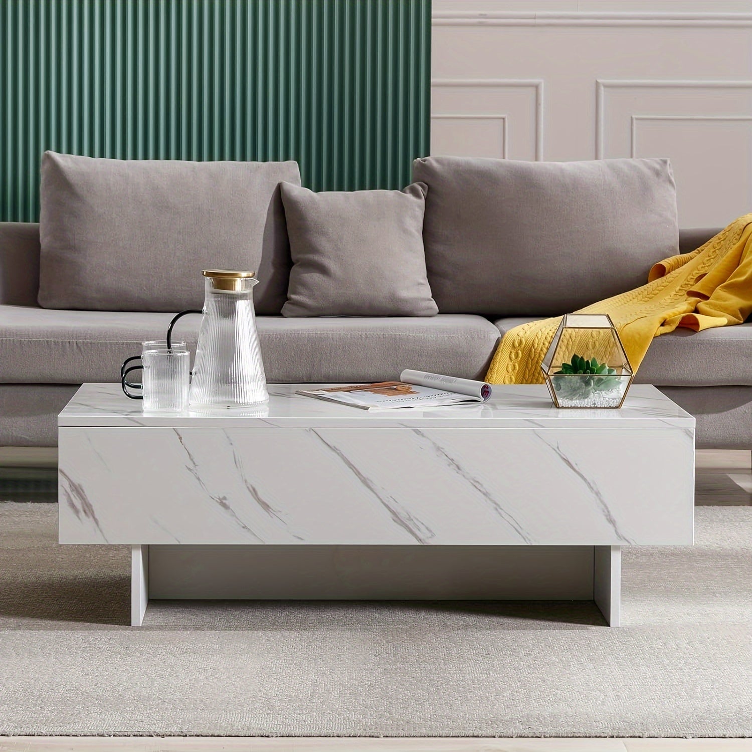 104cm Marble White Cool Coffee Table For Living Room, Rectangular Glossy Smart Contemporary Center Table For Waiting Area