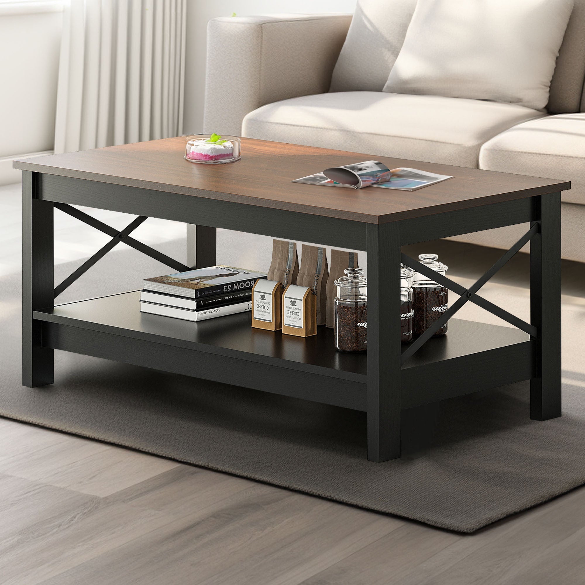 Rustic Farmhouse Coffee Table with Dual- Tier Brown Finish and Concealed Storage Compartment