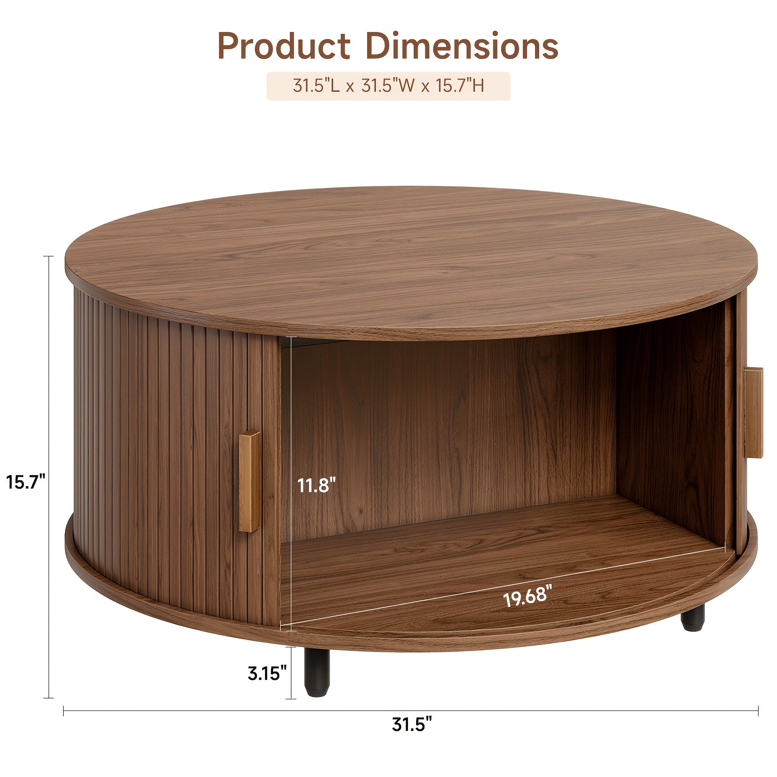 Wooden Round Coffee Table 31.5 Inch Center Table With Storage Space, 360° Curved Sliding Door And Adjustable Footrest Sofa Side Table For Family Living Room Walnut