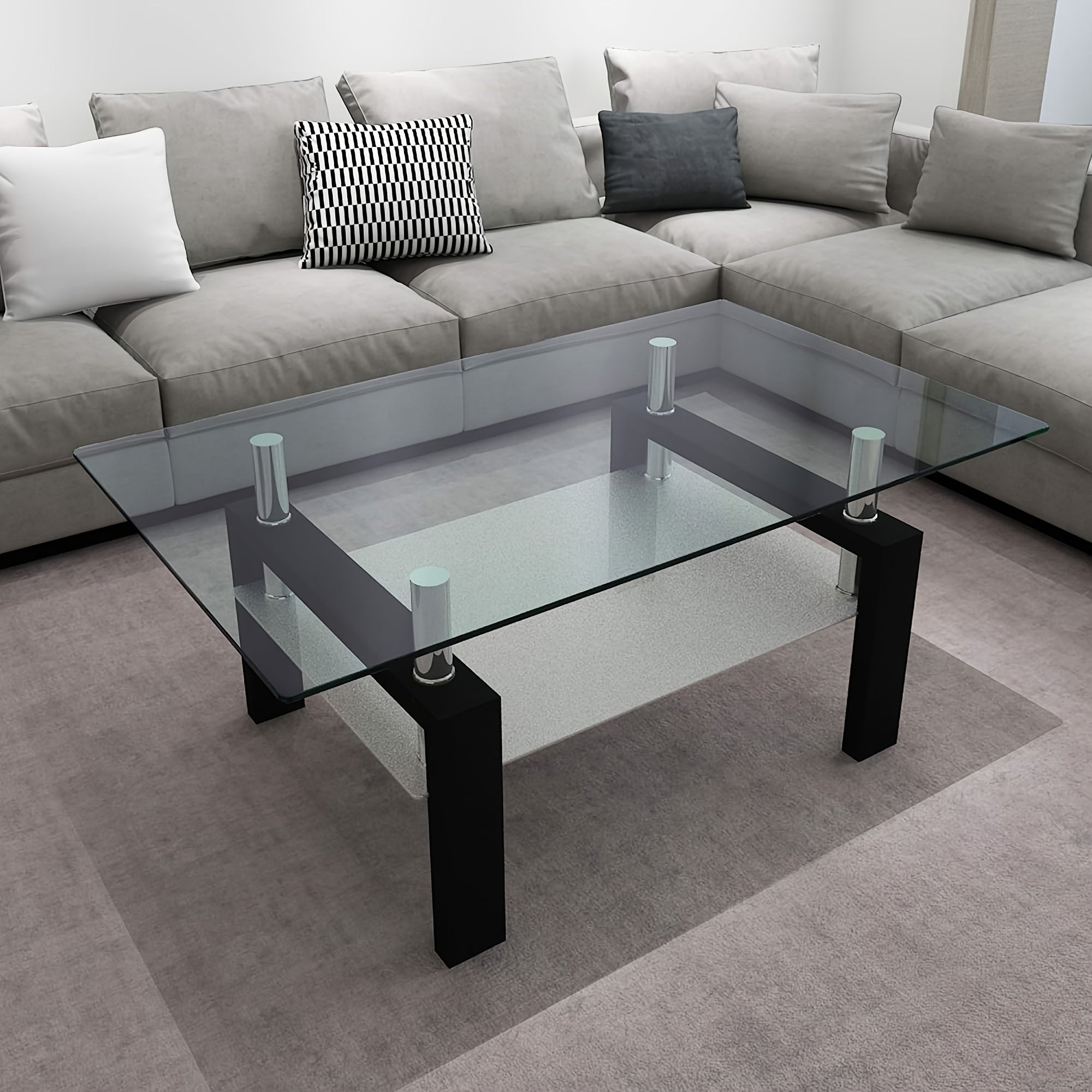 Black Glass Coffee Table, Clear Coffee Table, Modern Side Center Tables for Living Room, Living Room Furniture