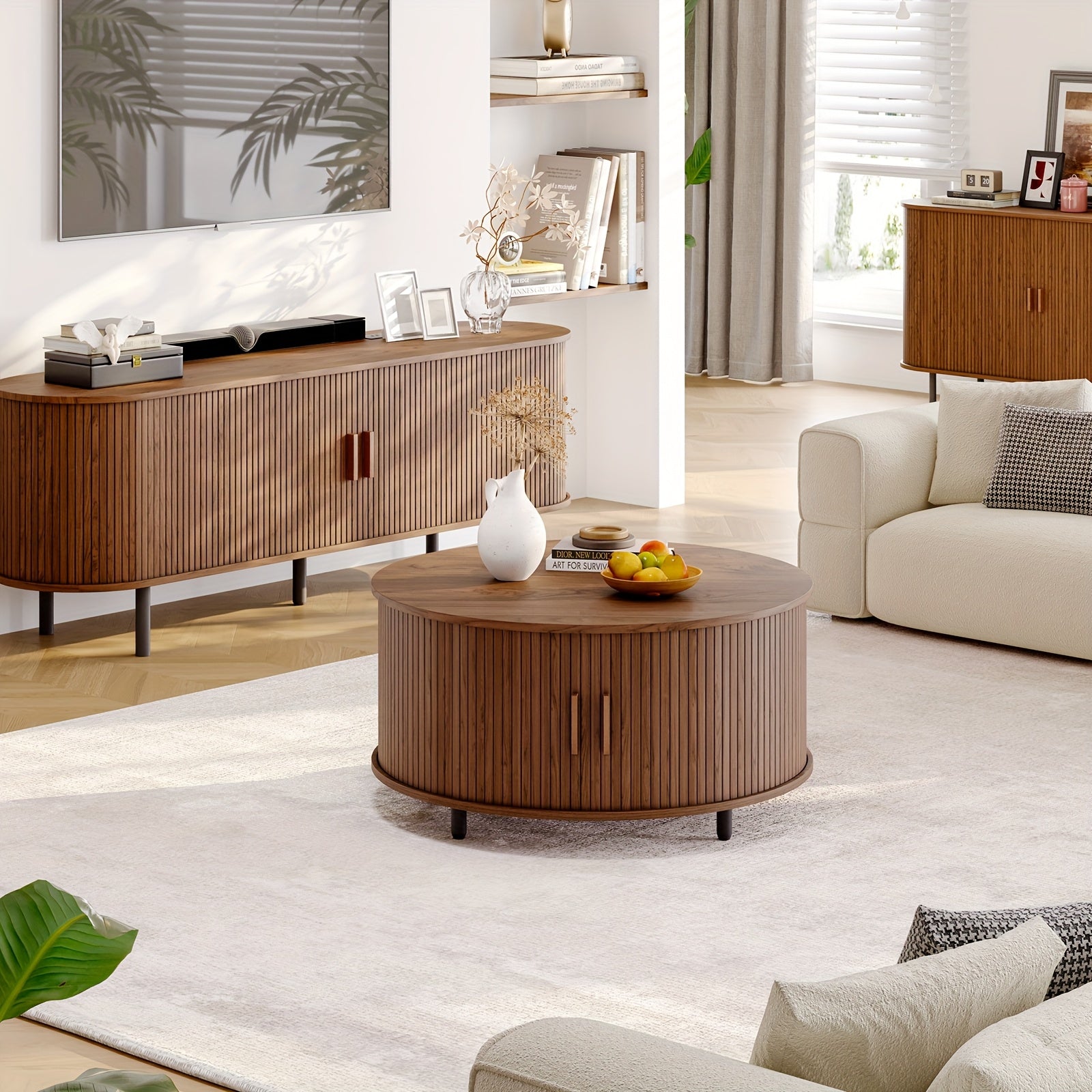 Wooden Round Coffee Table 31.5 Inch Center Table With Storage Space, 360° Curved Sliding Door And Adjustable Footrest Sofa Side Table For Family Living Room Walnut