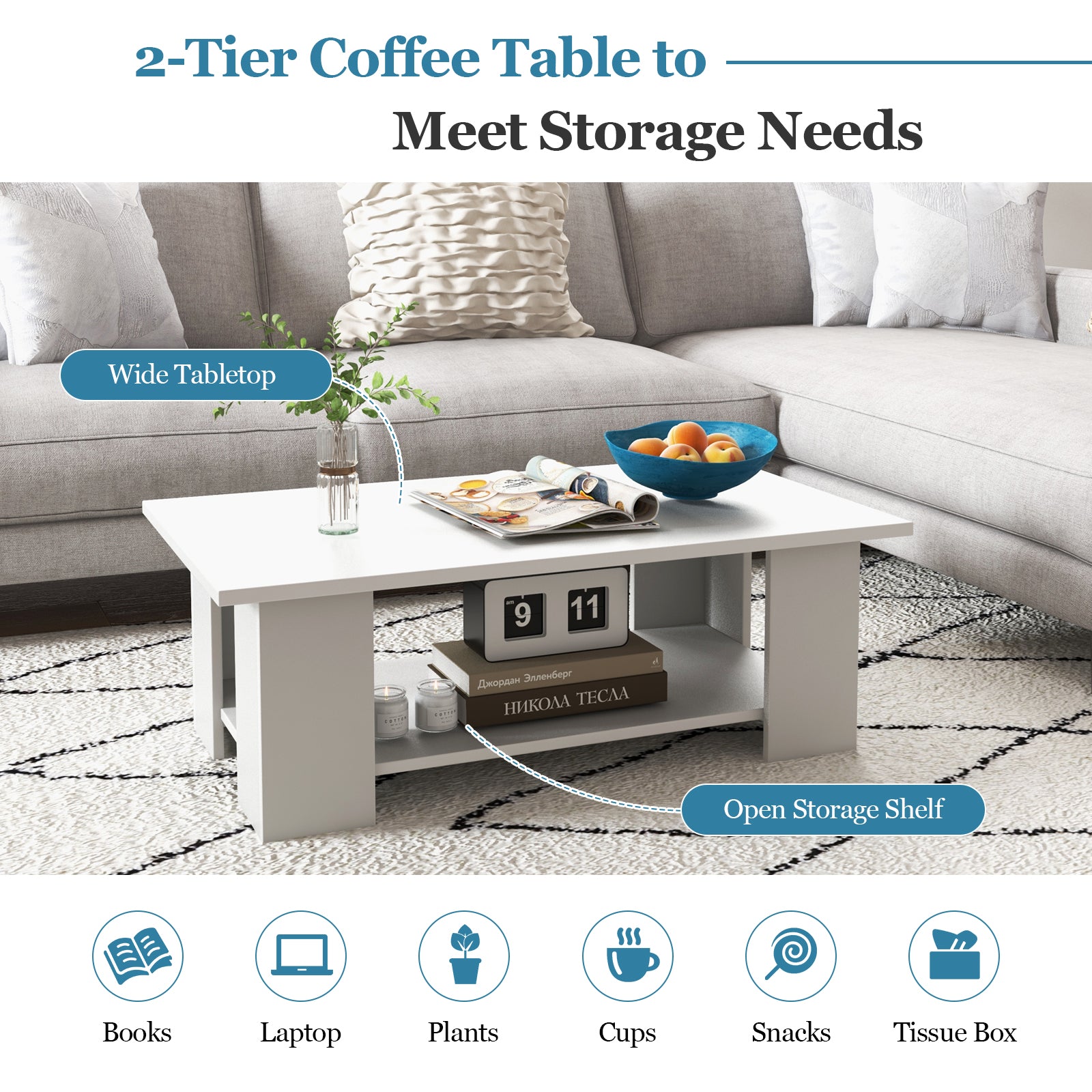 Coffee Table, Modern 2-Tier Center Table with Open Storage Shelf, Rectangular Cocktail Table with 5 Support Legs, Wooden Accent Living Room Furniture, White