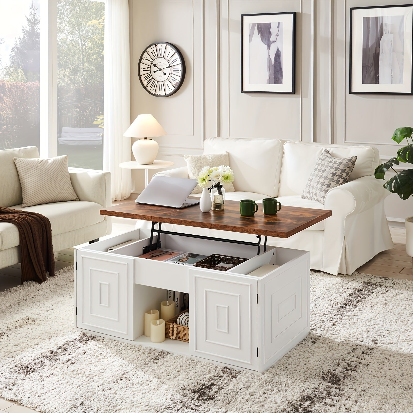 Coffee Table With Storage, 122cm Square Coffee Table For Living Room, And White Lift Top Coffee Table Suitable For Work And Drinking, Rustic Brown