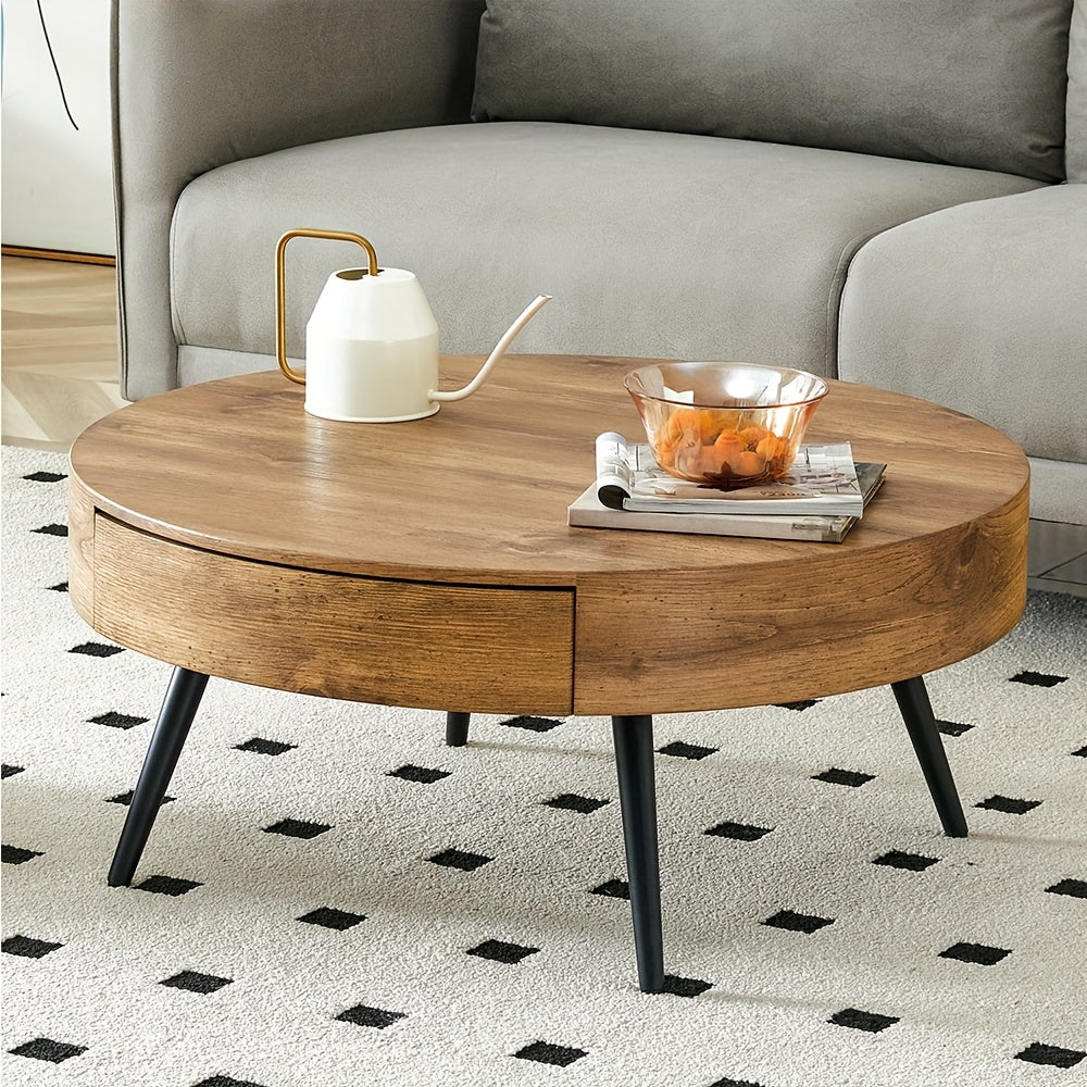 Chic Round Coffee Table with Wood Grain Top & Metal Legs - Includes Storage, Perfect for Living Room or Tea House Decor