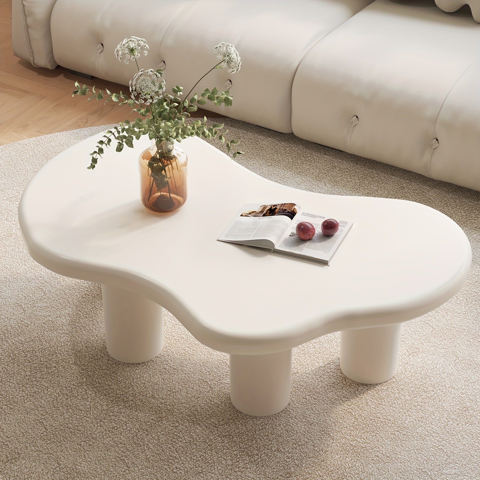 Cream White Cloud Shape Coffee Table, Modern Living Room Low Coffee Table, Modern Wavy Center Table, Irregular Funky Nordic Tea Table, Small Sitting On The Floor End Table 4 Legs