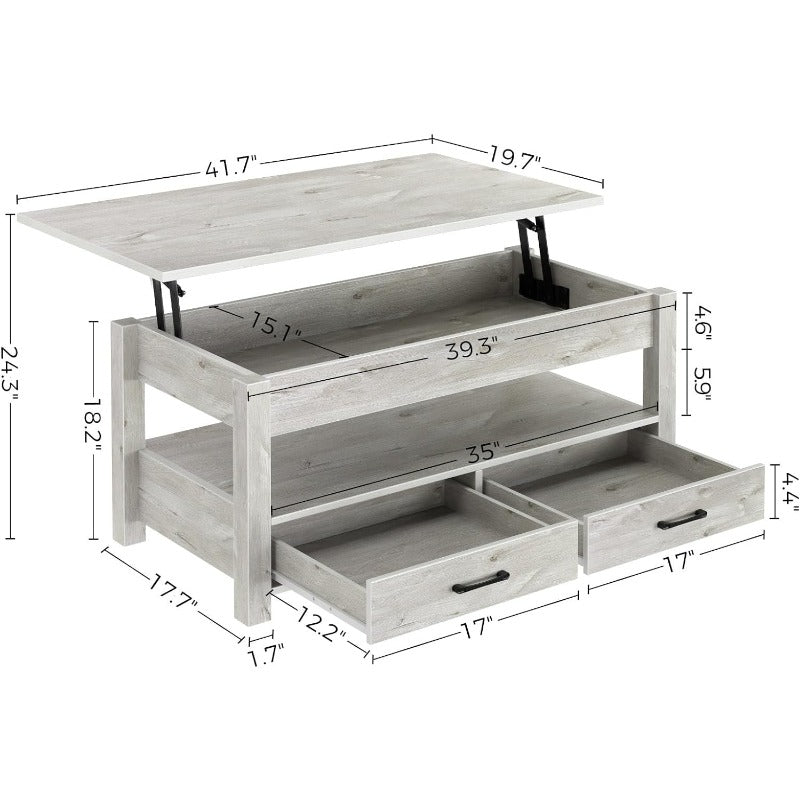 Coffee Table, 120cm Lift Top Coffee Table with Drawers and Hidden Compartment, Retro Central Table with Wooden Lift Tabletop, for Living Room