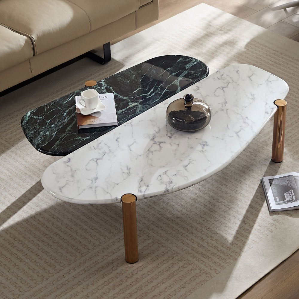 Coffee Table Modern Marble Coffee Table with Storage Oval Center Tables with Metal Legs Dining Table for Living Room, Dining Room, Office, and Bedroom