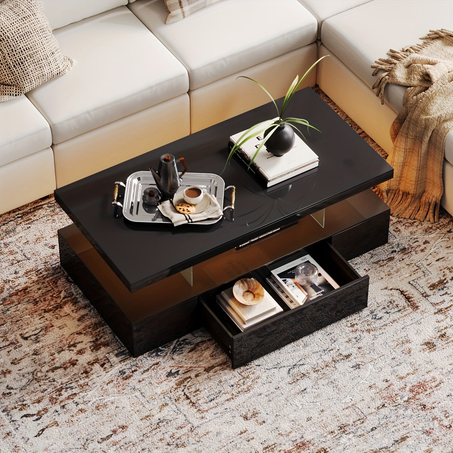 Modern LED Coffee Table With Adjustable Lighting - High-Gloss, Durable Wooden Centerpiece For Living Room & Bedroom, Easy Assembly, Space-Saving Design With Open Storage And Sliding Drawer Coffee Table For Living Room