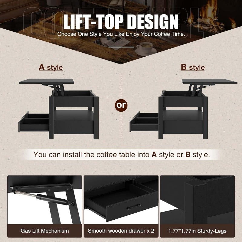 Coffee Table, 120cm Lift Top Coffee Table with Drawers and Hidden Compartment, Retro Central Table with Wooden Lift Tabletop, for Living Room