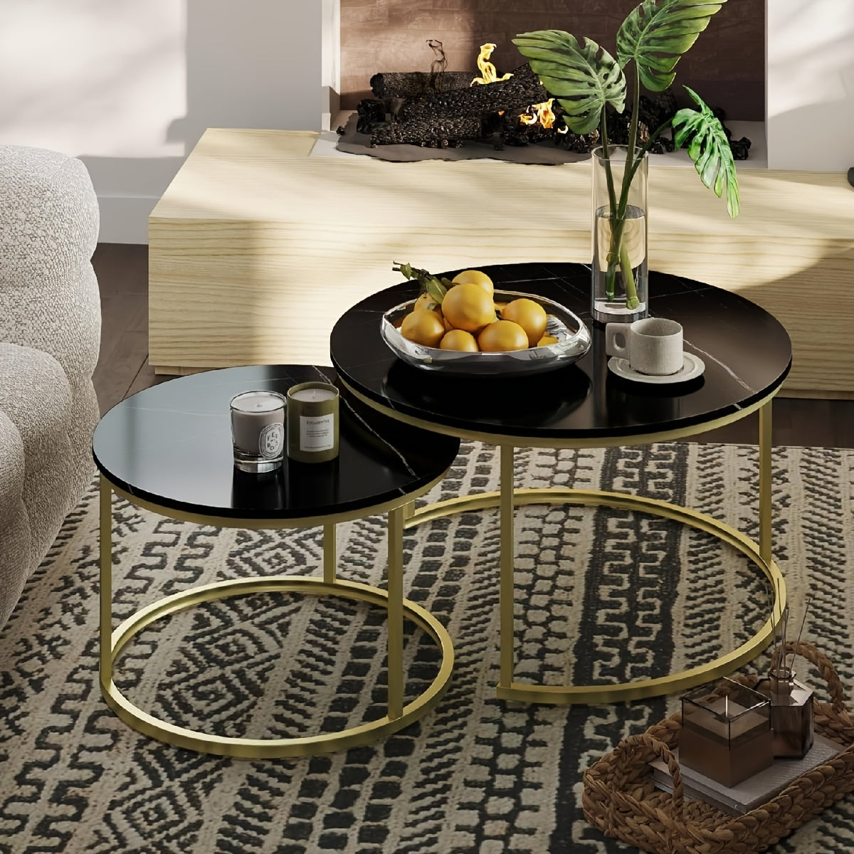 2pcs Nesting Coffee Table Set, Modern Round Coffee Tables for Living Room, Balcony, Office, Circle Table Accent End Side Table with Sturdy Golden Metal Frame, Easy Assembly