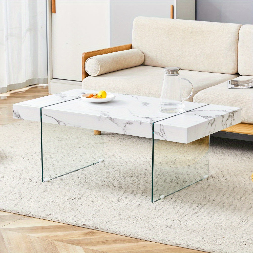 Coffee Table, Rectangle Faux Marble Coffee Table With Tempered Glass Legs, Tea Table Suitable for Living Room, Dining Room, Home Décor w/ Faux Marble Top