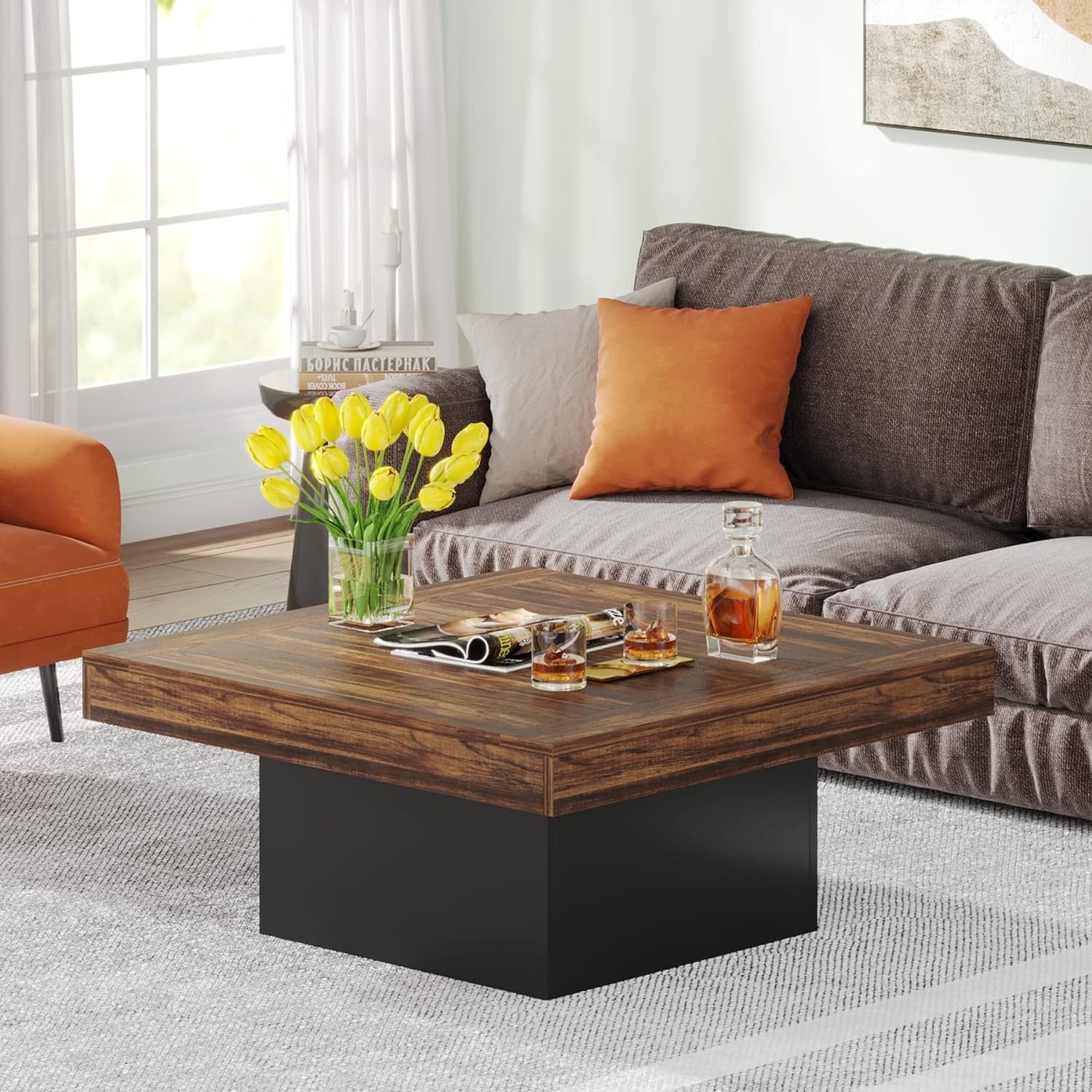 Coffee Table Square LED Coffee Table Engineered Wood Low Coffee Table for Living Room (Grey+White), Storage Racks for garage