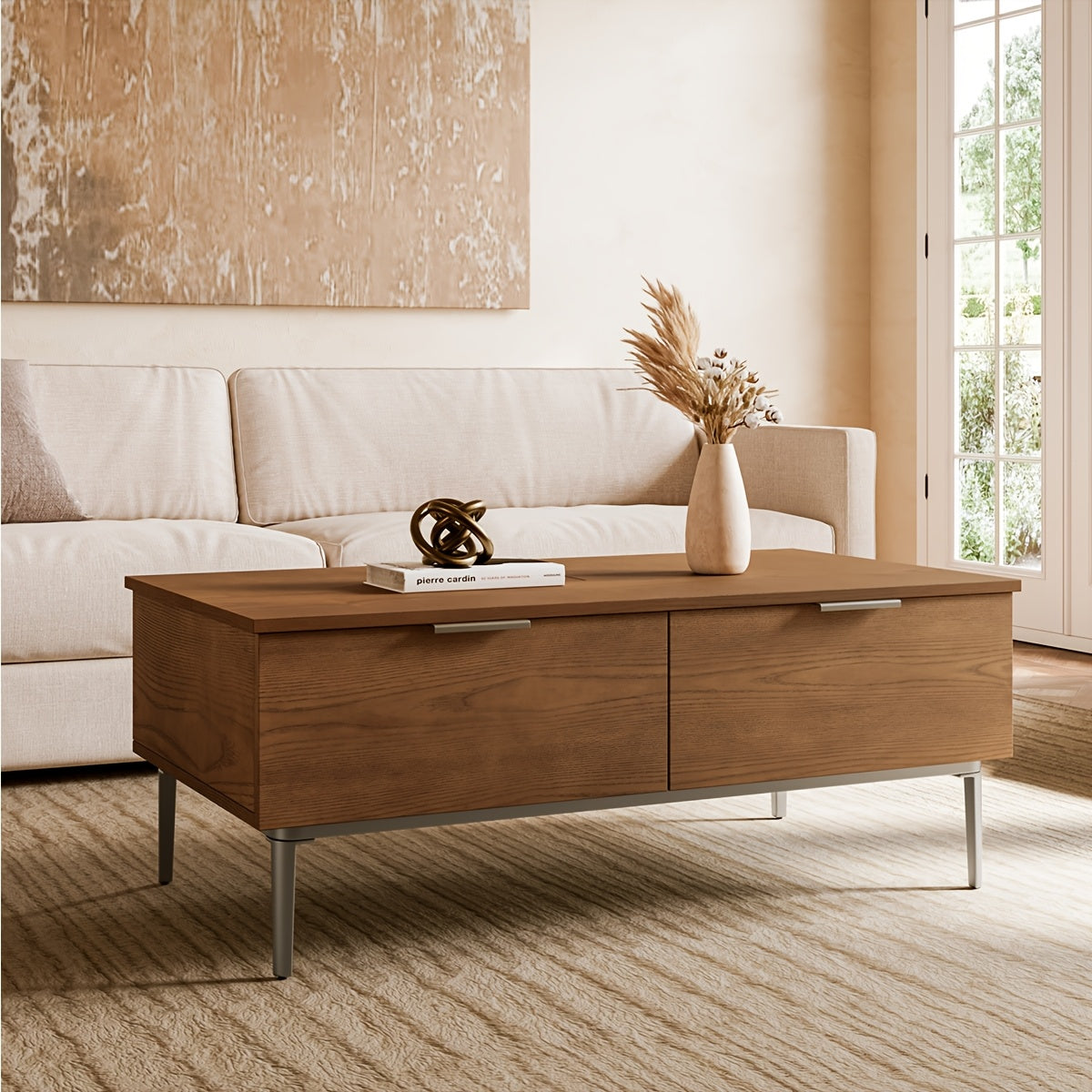 Contemporary Brown Lift-Top Coffee Table with Drawers - Space-Saving Design, Metal Legs, 12.47gal x 25.9W x 17.7H Inches, Office Reception, Hidden Storage