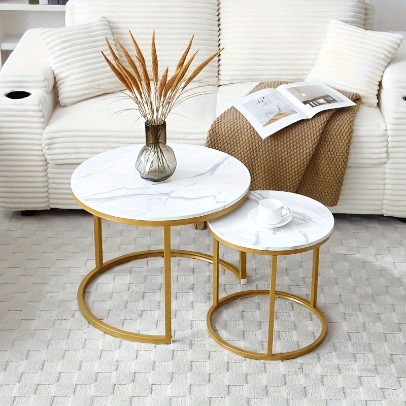 Coffee Table Nesting White And Gray Top Golden Frame Circular Round And Marble Pattern Wooden Tables, Living Room Bedroom Apartment Modern Industrial Simple Nightstand.