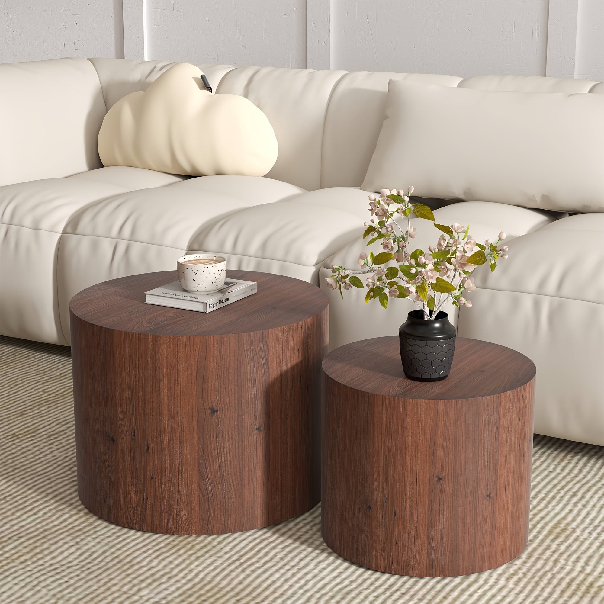 50cm Round Wooden Coffee Tables, Modern Nesting Coffee Table Set of 2, Indoor Side Table for Small Spaces Living Room, Bedroom, Balcony, Office (Wood Color)