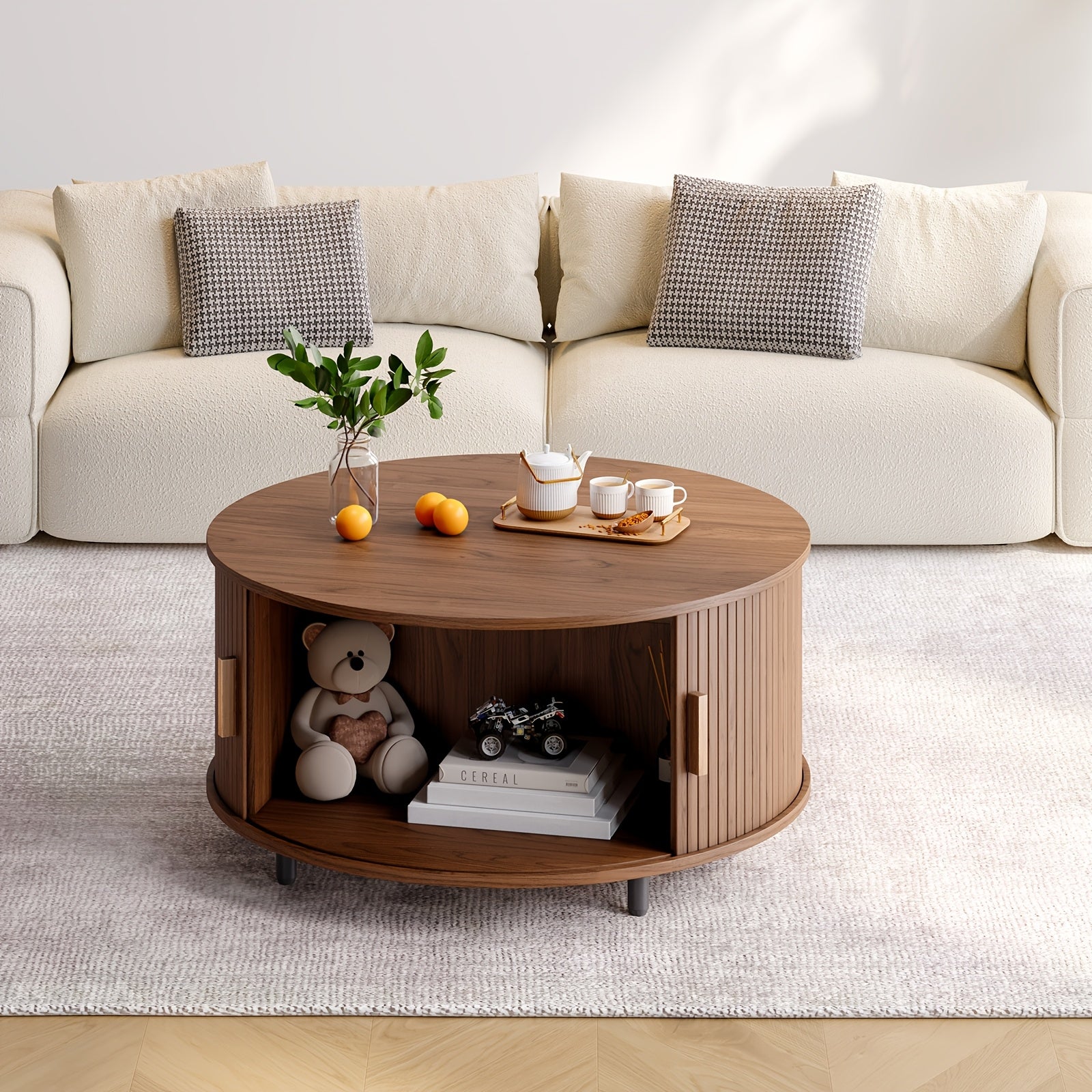 Wooden Round Coffee Table 31.5 Inch Center Table With Storage Space, 360° Curved Sliding Door And Adjustable Footrest Sofa Side Table For Family Living Room Walnut