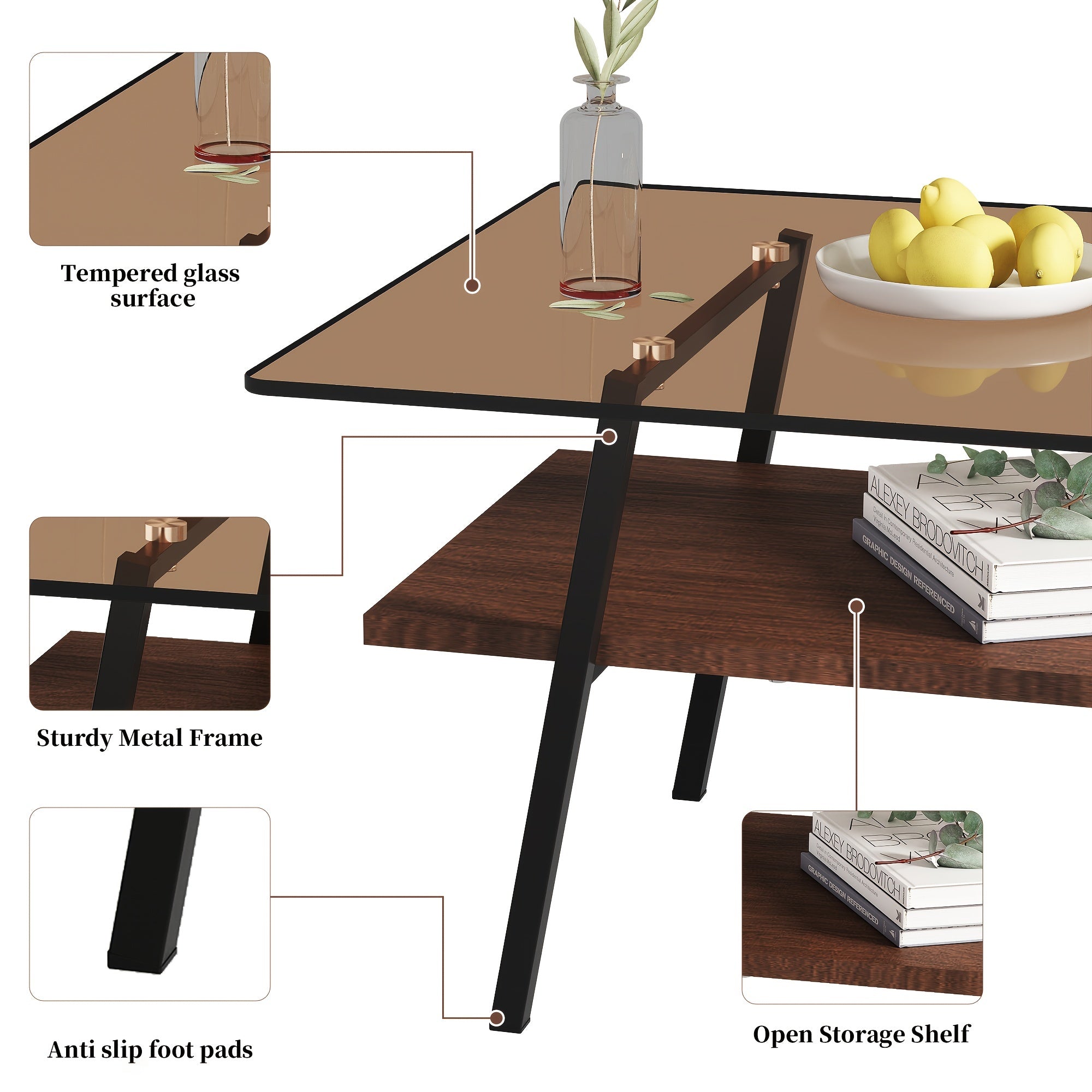 Modern Glass Coffee Table, Rectangle Tempered Glass Table For Living Room, 2-Tier Center Table With Metal Frame, Stylish Design Versatile