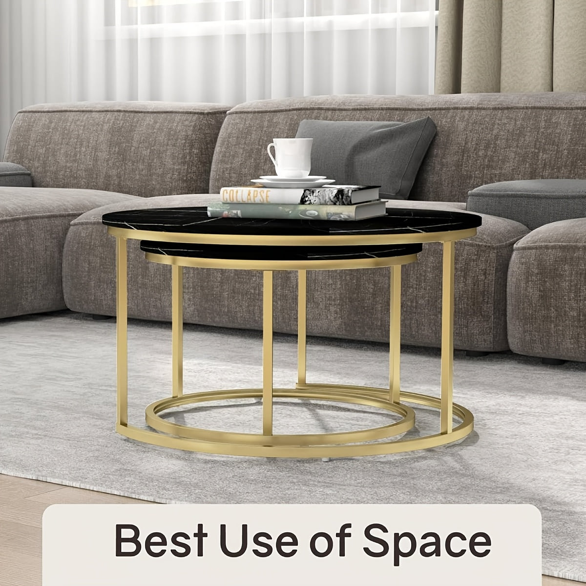 2pcs Nesting Coffee Table Set, Modern Round Coffee Tables for Living Room, Balcony, Office, Circle Table Accent End Side Table with Sturdy Golden Metal Frame, Easy Assembly