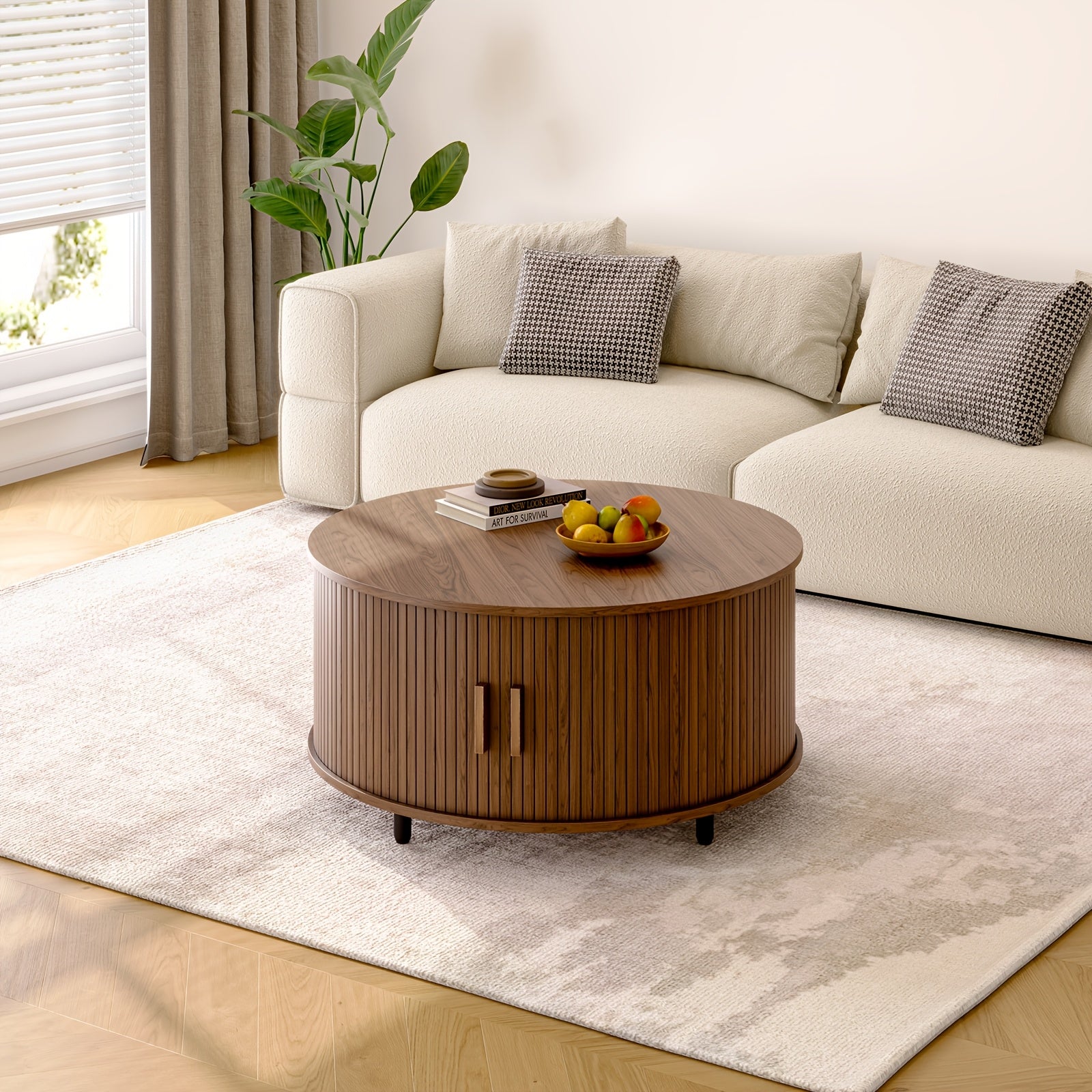 Wooden Round Coffee Table 31.5 Inch Center Table With Storage Space, 360° Curved Sliding Door And Adjustable Footrest Sofa Side Table For Family Living Room Walnut