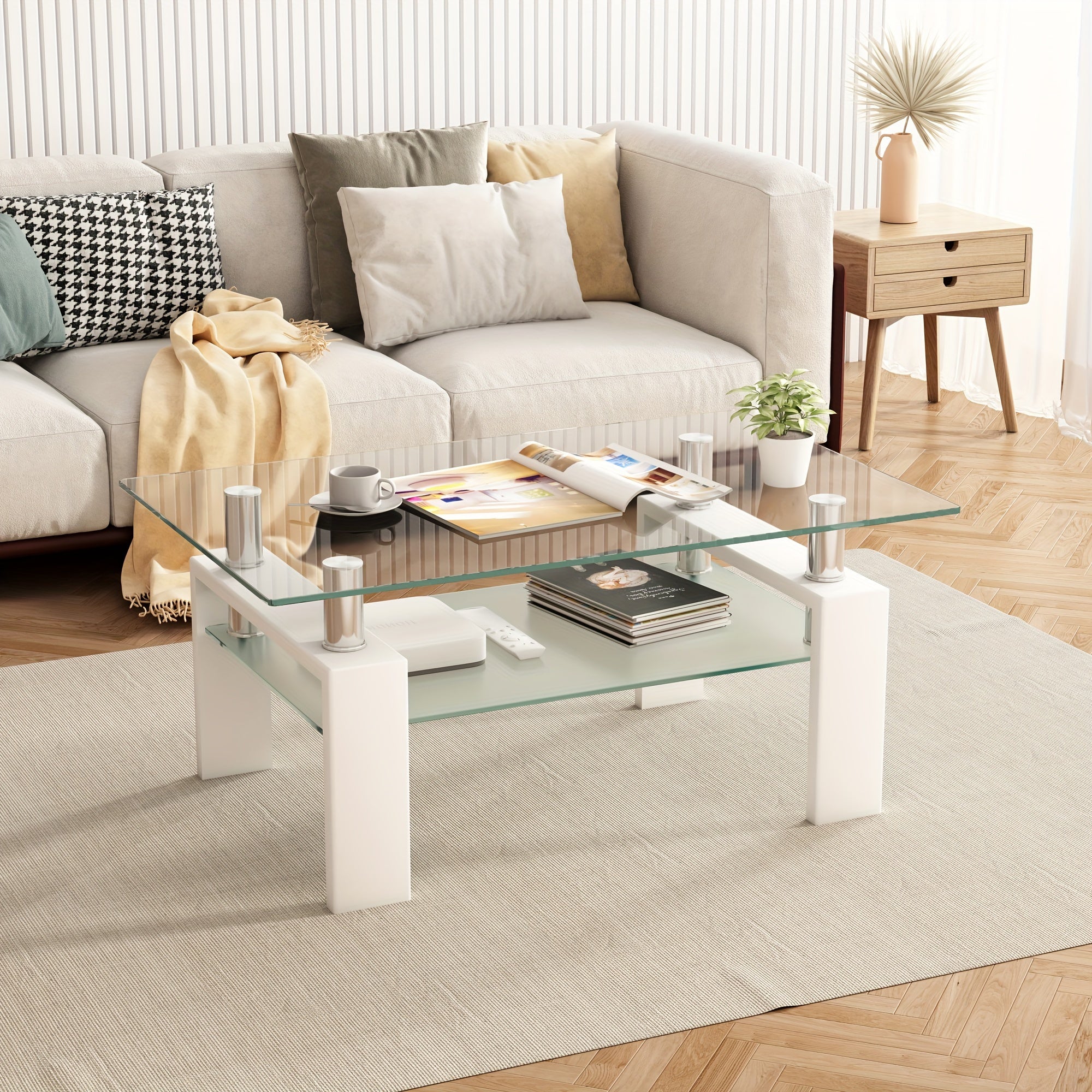 White Coffee Table, Clear Coffee Table, Modern Side Center Tables for Living Room, Living Room Furniture