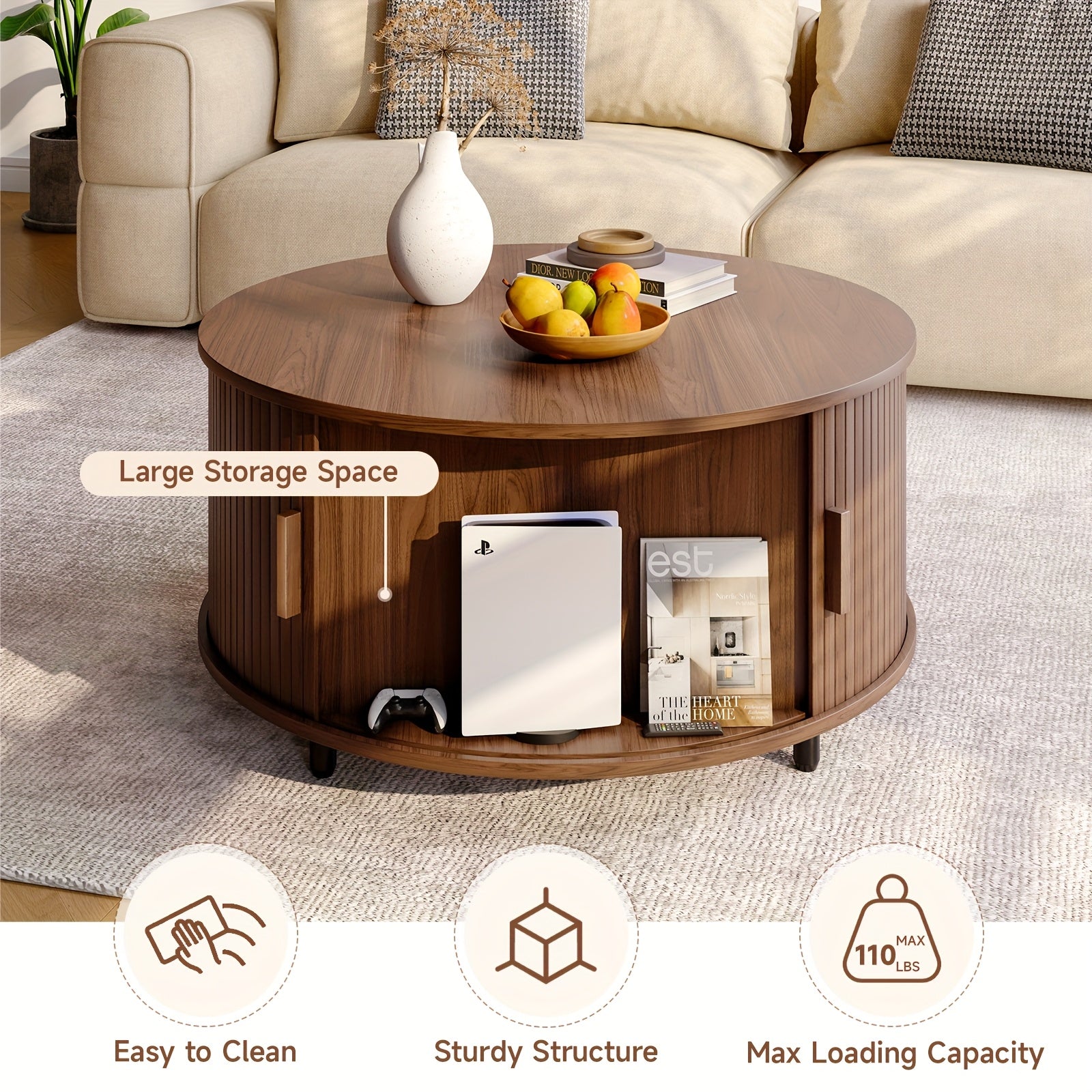 Wooden Round Coffee Table 31.5 Inch Center Table With Storage Space, 360° Curved Sliding Door And Adjustable Footrest Sofa Side Table For Family Living Room Walnut