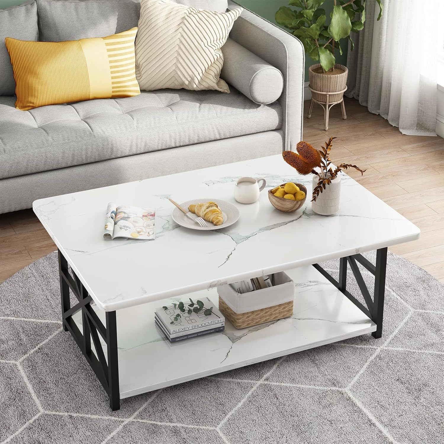 Coffee Table for Living Room, Faux Marble 2-Tier Coffee Table with MDF Broad & Metal Frame, Farmhouse Style Rectangular Center Table for Small Space, Space Saving Tea Table for Bedroom, Kitchen, Office