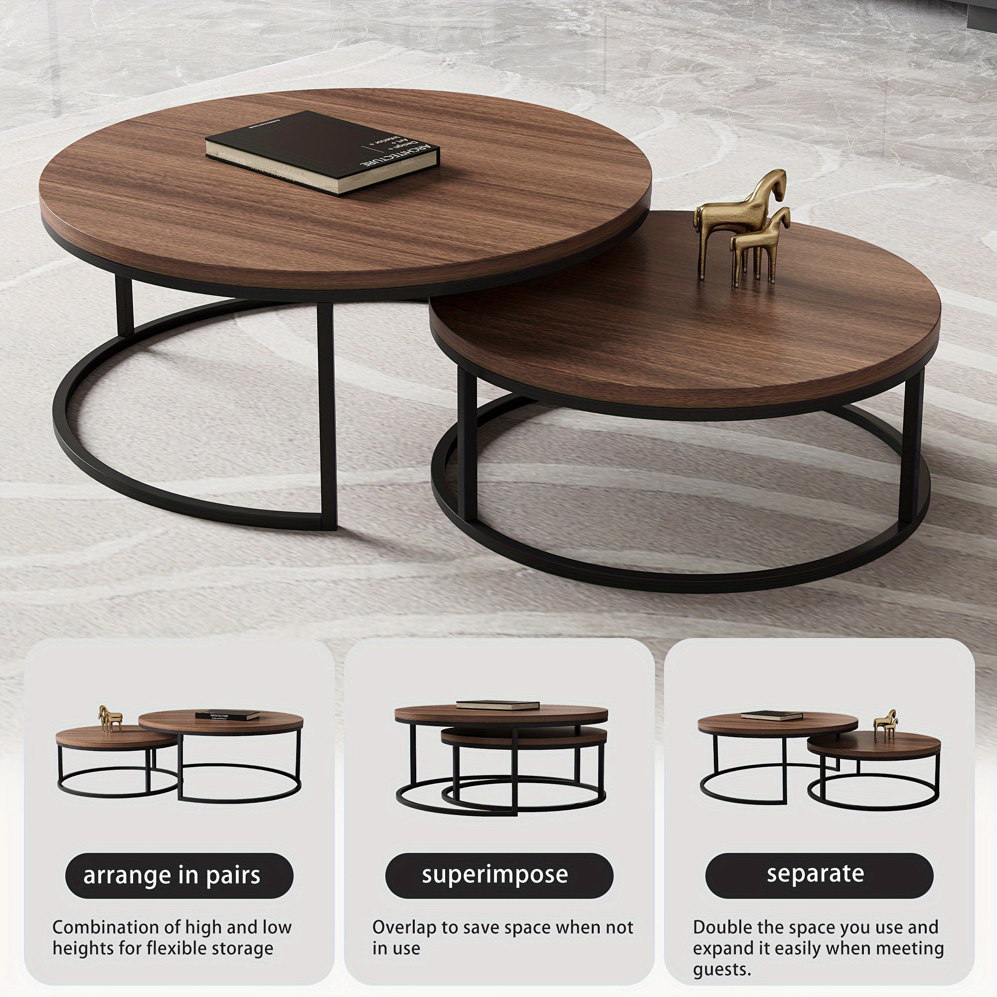 2-piece Modern Medieval Walnut Color Round Living Room Coffee Table Set, Metal Frame, Adjustable Size, Space-saving Design, 31.5 Inches/55.2 Inches Wide,