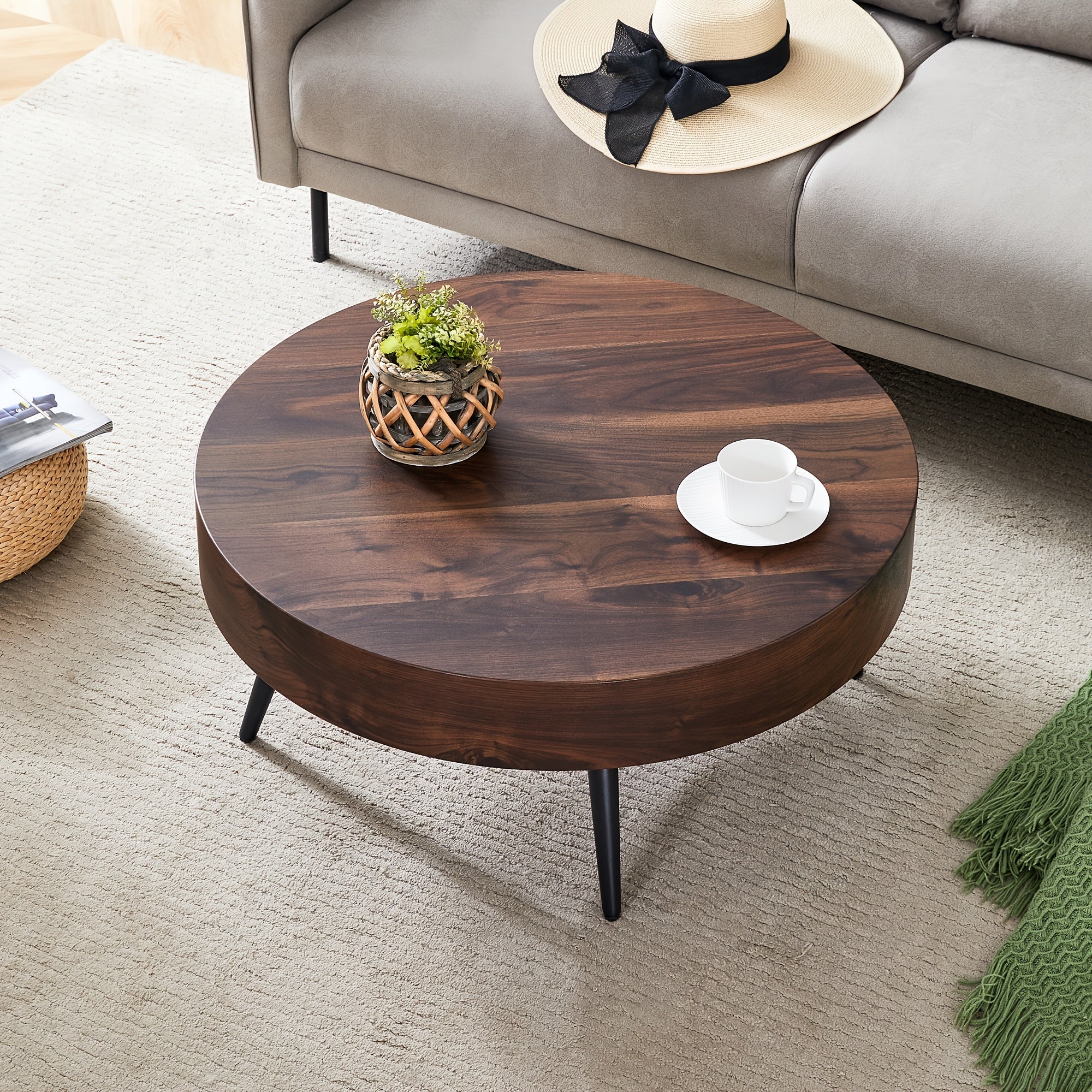 Wooden Coffee Table Modern Round Coffee Table Rustic Center Table with Metal Leg for Living Room Reception Room Office (Brown, Round)