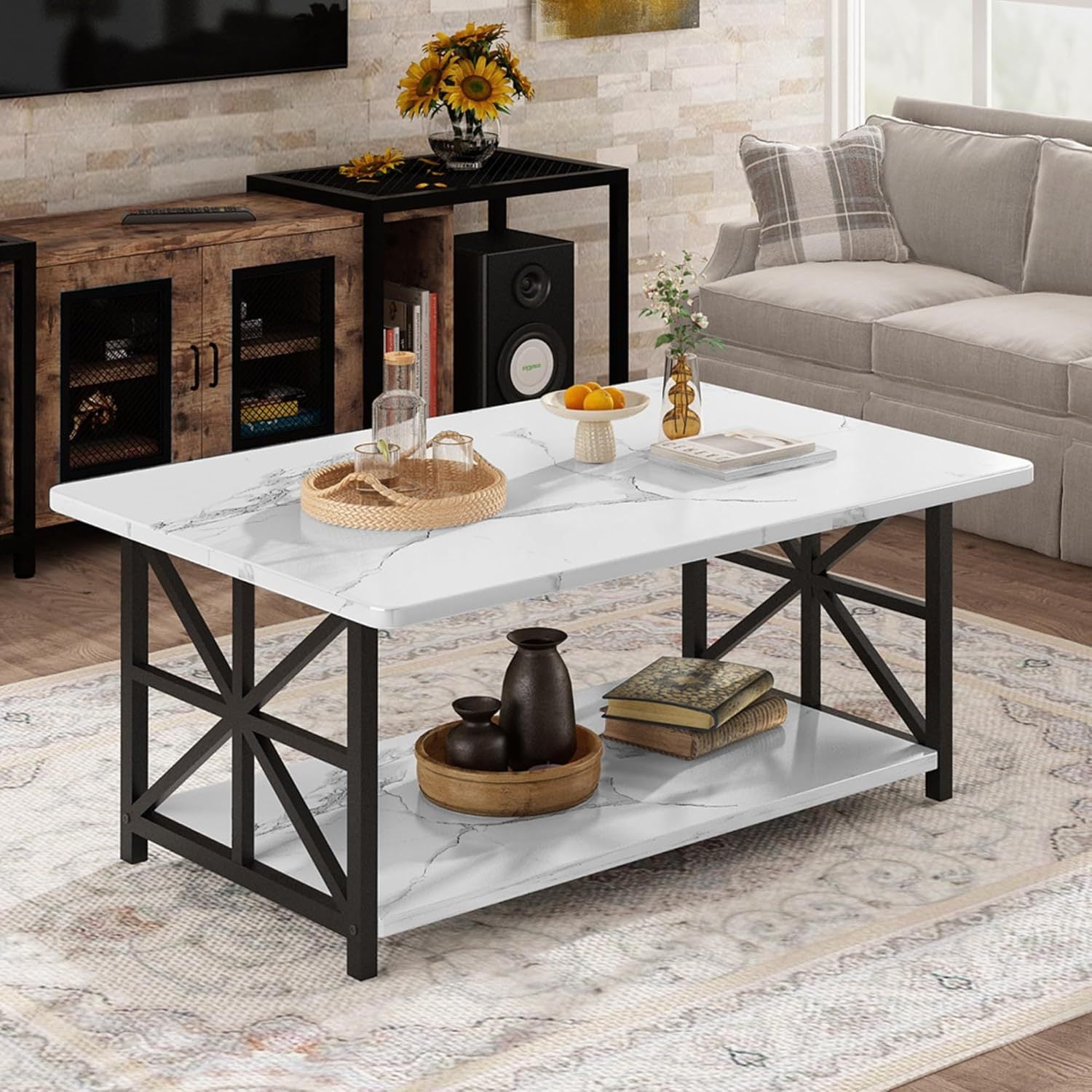 Coffee Table for Living Room, Faux Marble 2-Tier Coffee Table with MDF Broad & Metal Frame, Farmhouse Style Rectangular Center Table for Small Space, Space Saving Tea Table for Bedroom, Kitchen, Office